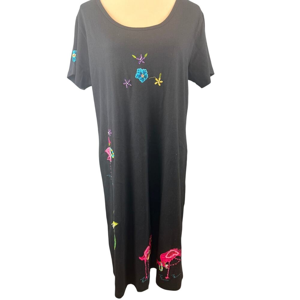 Vintage Pushpa Black Embroidered Flamingo Palm Tree Beach Lounge Dress Cotton L